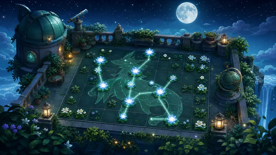 Moonlit observatory garden with glowing constellation blooms on a grid