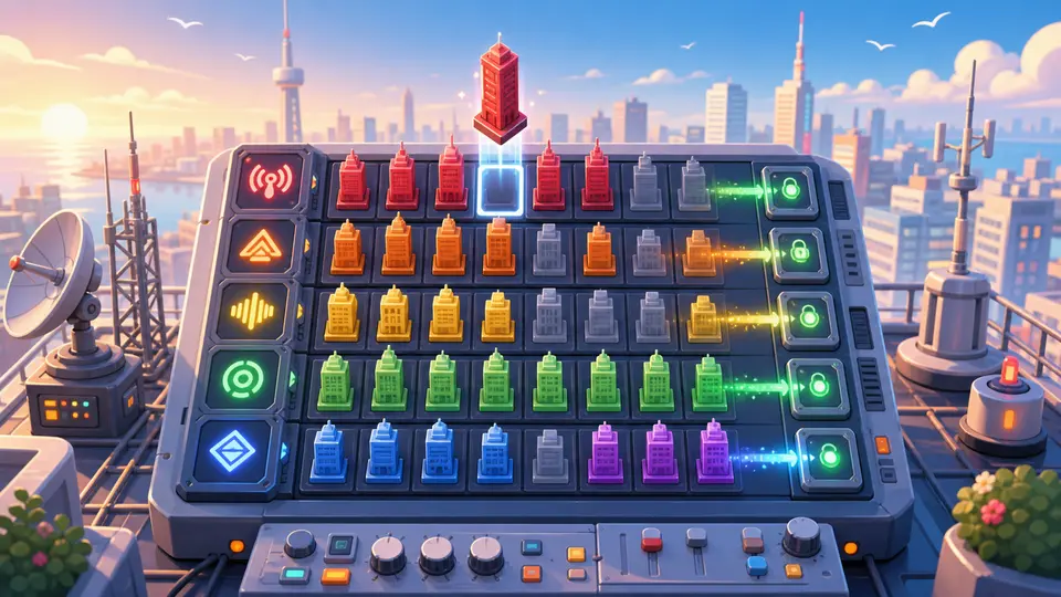 Rooftop signal console with colorful tower blocks locking into sorted rows