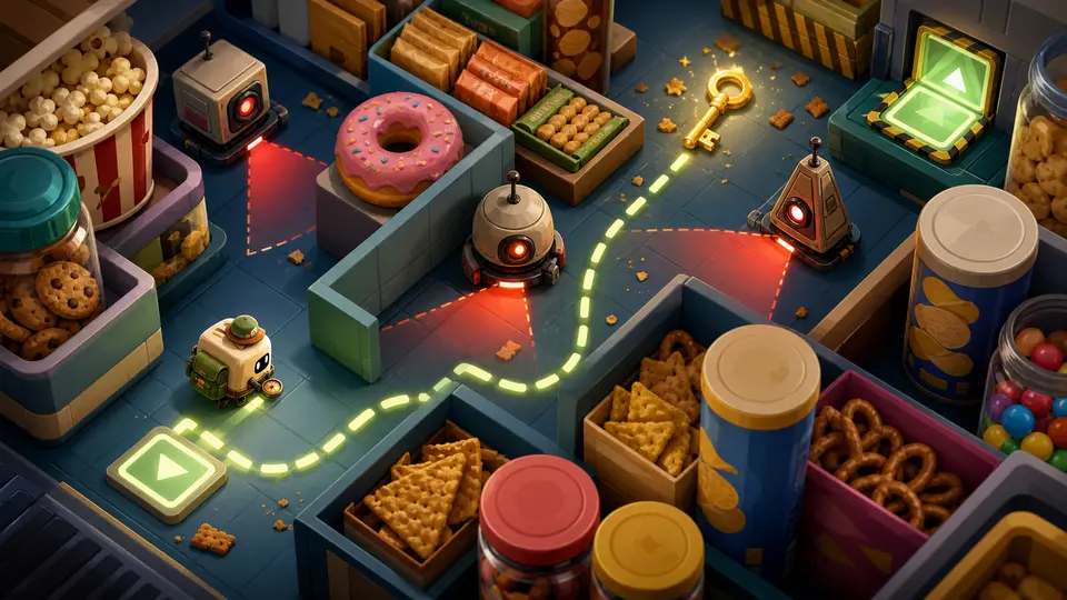 Pantry maze with crumbs, a brass key, glowing route cues, and sentry robots